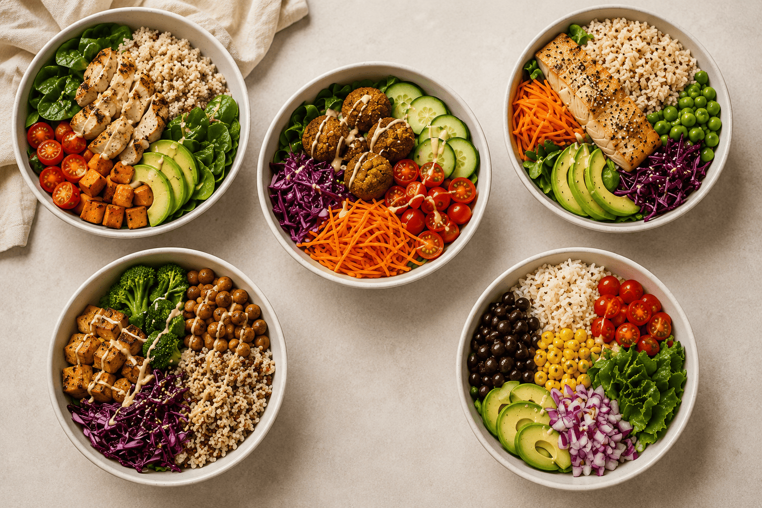 Five healthy buddha bowls including chicken power bowl, mediterranean falafel bowl, salmon glow bowl, tofu green bowl and southwest black bean bowl