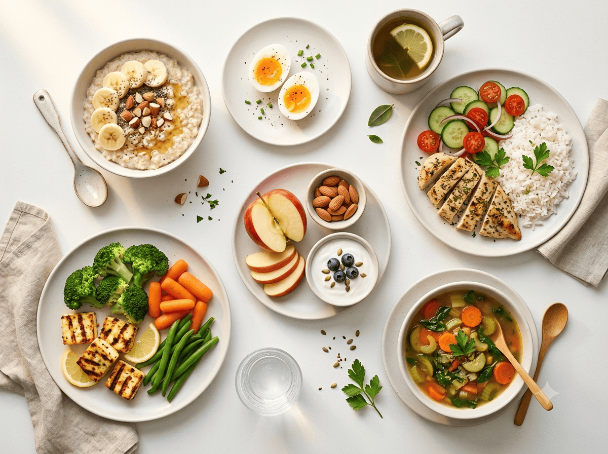 Simple fat loss diet plan full day meals including oats boiled eggs grilled chicken vegetable soup and steamed vegetables on white background