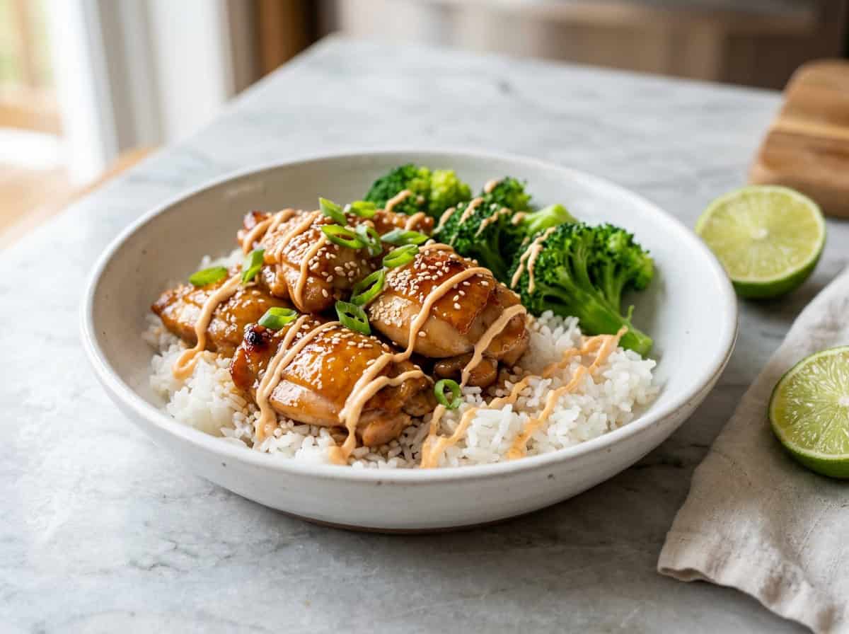 Sticky honey soy chicken rice bowl with glazed chicken, broccoli, sesame seeds and spicy mayo drizzle in a white ceramic bowl
